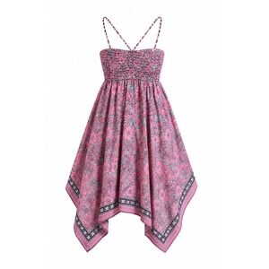 Shoreline Handkerchief Dress Womens S/M Pink Blue Good Floral Smocked Boho